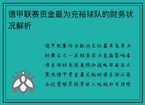 德甲联赛资金最为充裕球队的财务状况解析